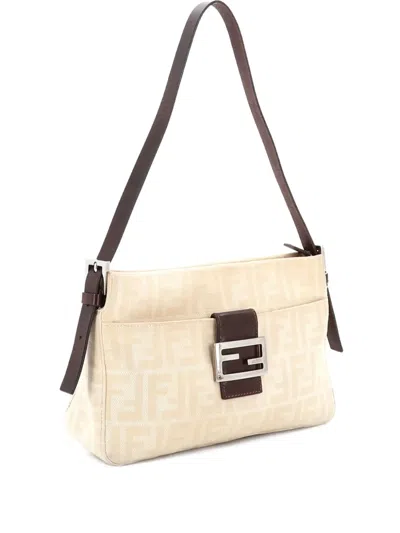 Pre-owned Fendi Vintage Pocket Zucca Canvas Small Shoulder Bag In Neutral