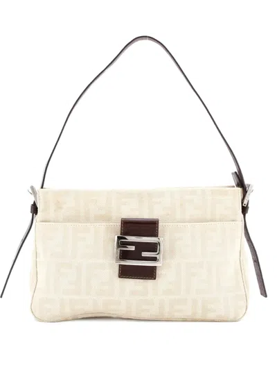 Pre-owned Fendi Vintage Pocket Zucca Canvas Small Shoulder Bag In Neutral
