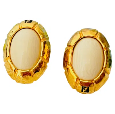 Pre-owned Fendi Vintage Rare Gold Asymmetric Sta Ff Oval Statement Cabochon Earrings In Multiple