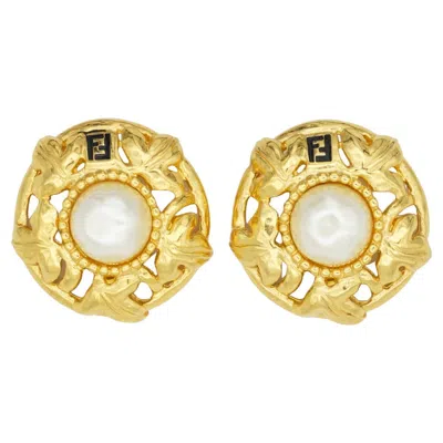Pre-owned Fendi Vintage Rare Gold Sta Baroque Large Round Pearl Openwork Earrings In Multiple
