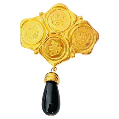 Pre-owned Fendi Vintage Rare Gold Sta Four Crest Insignia Crown Black Drop Brooch