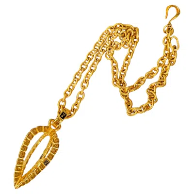 Pre-owned Fendi Vintage Rare Gold Sta Leaf Water Drop Pendant Chunky Long Necklace In Multiple
