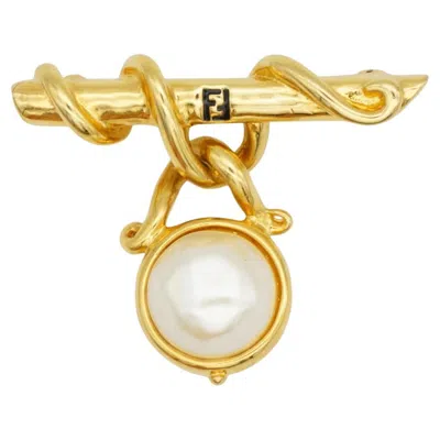 Pre-owned Fendi Vintage Rare Unisex Sta Black Logo White Pearl Dangle Vine Brooch