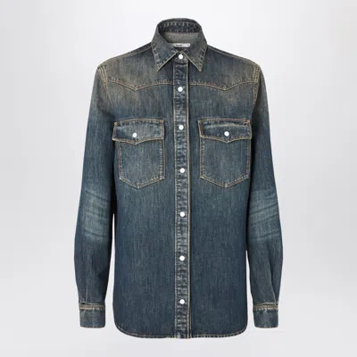 Fendi Vintage Wash Denim Shirt With Distressed Details And Chest Flap Pockets In Blue