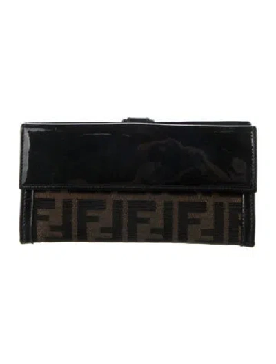 Pre-owned Fendi Vintage Zucca Ff Logo Continental Wallet In Black