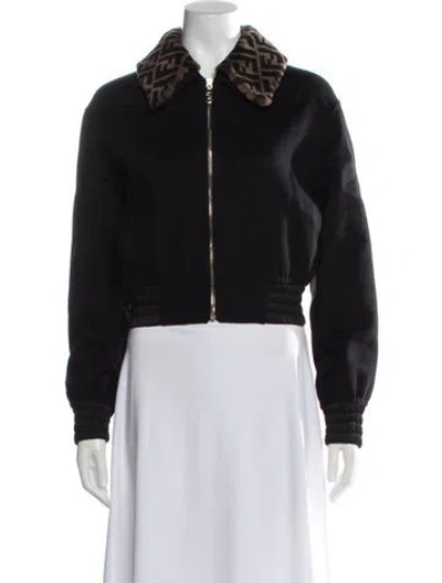 Pre-owned Fendi Virgin Wool Patterned Bomber Jacket In Black