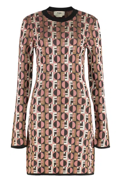 Fendi Optical Crew Neck Geometric Pattern Dress In Brown