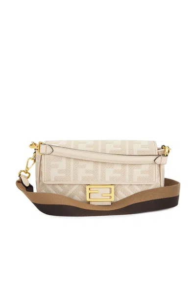 Pre-owned Fendi Vitello King Ff Embroidered Mini Baguette Shoulder Bag In Pink