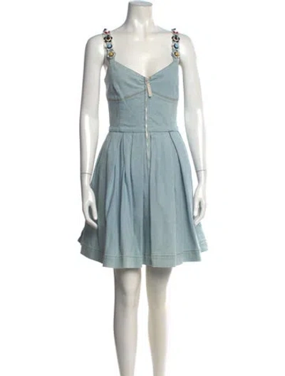 Pre-owned Fendi V-neck Mini Dress In Blue