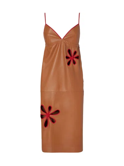 Fendi V-neck Mini Dress With Cut-out Details And Slit In Brown