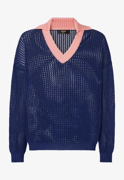 Fendi V-neck Open Knit Sweater In Blue