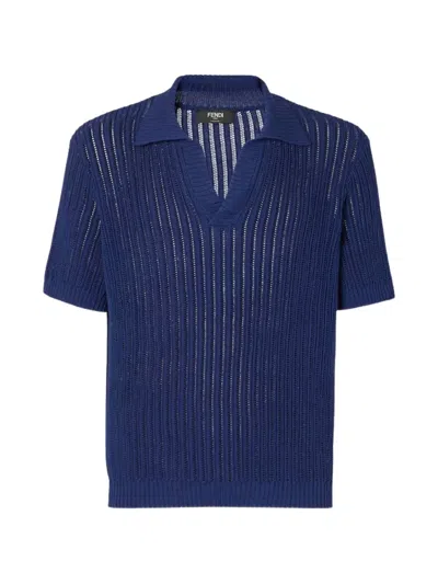 Fendi V-neck Open-knit T-shirt In Blue