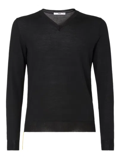 Fendi V-neck Virgin Wool Sweater With Contrasting Stitching In Black