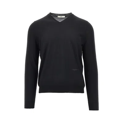 Fendi Black Lightweight Wool Embroidered Sweater In Multi