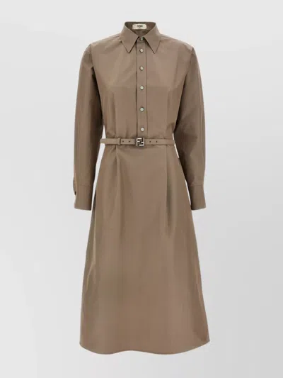 Fendi Waist Belt Midi Dress With Cuffed Sleeves In Gray