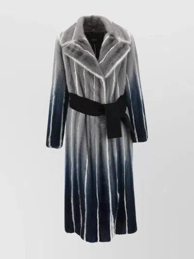 FENDI WAIST BELTED STRIPED FUR COAT