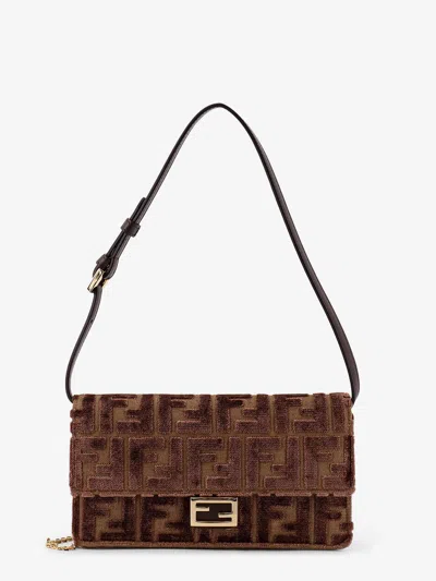 Fendi Wallet On Chain Baguette Ff Velvet Jacquard Bag In Brown