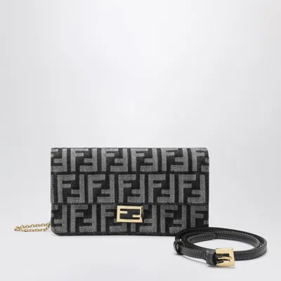 Fendi Wallet On Chain Baguette In Blue Denim-effect Ff Jacquard Women In Black