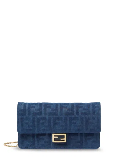 Fendi Wallet On Chain Baguette Shoulder Bag In Denim-effect Ff Corduroy