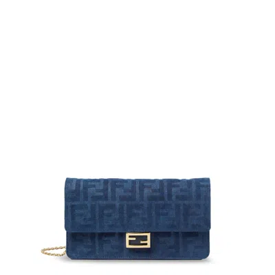 Fendi Wallet On Chain Baguette Shoulder Bag In Denim-effect Ff Corduroy