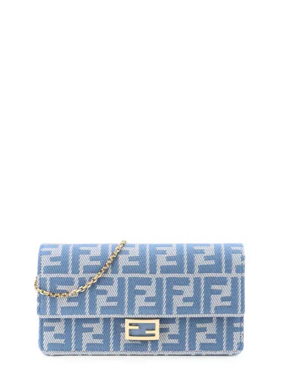 Fendi Wallet On Chain Baguette With Shoulder Strap With All-over Ff Motif In Blue