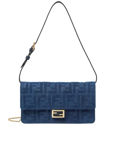 Fendi Wallet On Chain Denim Flock Ff In Blue