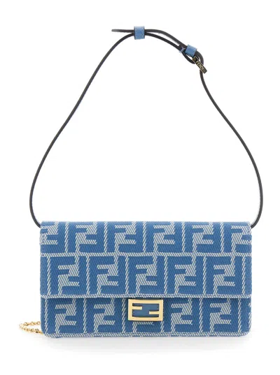 FENDI FENDI BLUE CROSSBODY BAG WITH ALL-OVER FF MOTIF AND METALLIC FF PLAQUE ON THE FRONT IN COTTON WOMAN