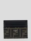 Fendi Brown Card-holder With Metal Lettering In Leather And Ff Canvas Man