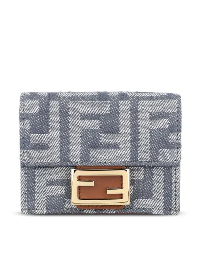 Fendi Portafoglio Baguette Micro In Denim Ricamato  Donna In Blue