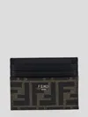 Fendi Brown Card-holder With Metal Lettering In Leather And Ff Canvas Man