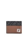 Fendi Leather And Ff Canvas Squared Card Holder In Brown