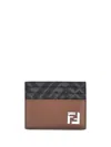 Fendi Leather And Ff Canvas Squared Card Holder In Brown