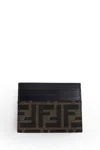 Fendi Men Leather Card Holder With Ff Jacquard Fabric Inserts In Brown