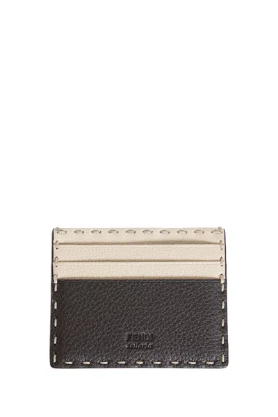 Fendi Brown Selleria Card Holder With 100 Hand-sewn Topstitches In Black