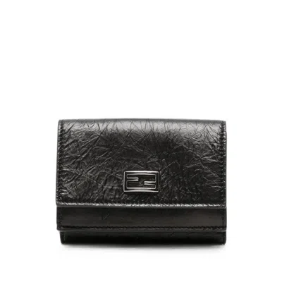 Fendi Ff Logo Crinkled Leather Wallet In Black