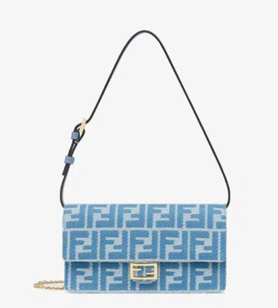 Fendi Denim-effect Ff Jacquard Wallet Baguette Blue In White