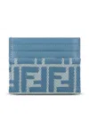 Fendi Ff Jacquard Denim Effect Card Holder With Gold-finish Accents In Blue