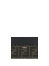 Fendi Men Leather Card Holder With Ff Jacquard Fabric Inserts In Brown