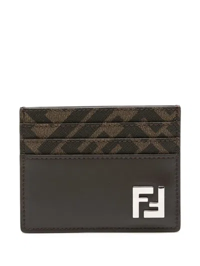 Fendi Brown Card-holder With Squared Ff Motif In Leather And Ff Canvas Man In Ebony