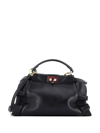 Pre-owned Fendi Wave Peekaboo Bag Leather Mini Satchel In Black