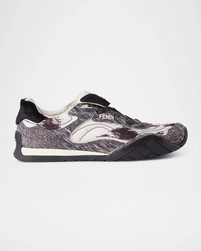 FENDI WAVE PULSE MIXED-MEDIA LOW-TOP SNEAKERS