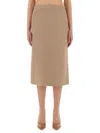 Fendi Women Beige Pencil Skirt With Rear Logo Lettering Embroidery And Side Slit In Linen Woman