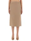 Fendi Women Beige Pencil Skirt With Rear Logo Lettering Embroidery And Side Slit In Linen Woman