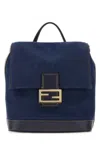 Fendi Ff-plaque Denim Backpack In Blue