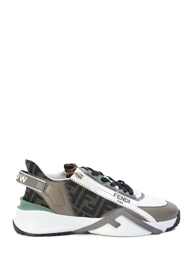 Fendi White And Grey Leather Sneakers With Black Ff Inserts For Men