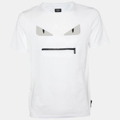 Pre-owned Fendi White Bag Bugs Appliqued Cotton Zip Detail T-shirt M