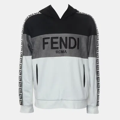 Pre-owned Fendi White Black Cotton And Polyester Two Tone Zucca Houndstooth Hoodie M