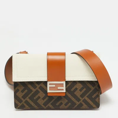 Pre-owned Fendi White Coated Canvas Leather Belt Bag In Brown