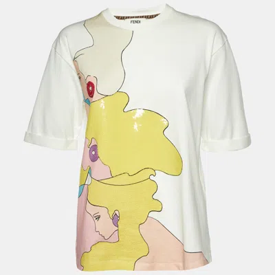 Pre-owned Fendi White Cotton Graphic Beads Embellished T-shirt S