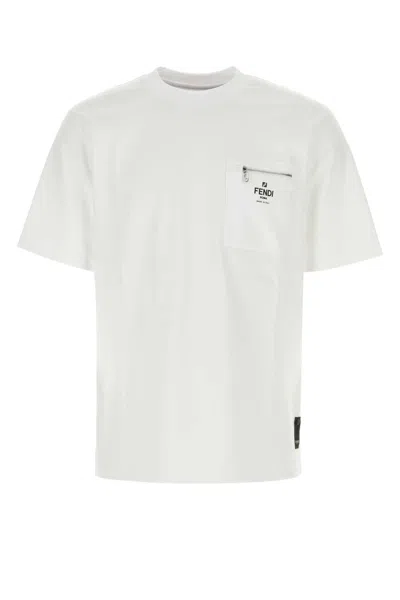 Fendi Men White Crewneck T-shirt With Log Print On The Front In Cotton Man